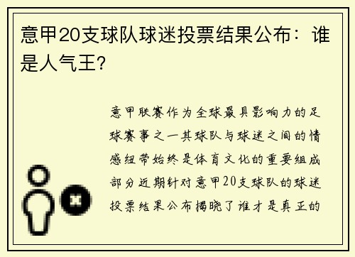 意甲20支球队球迷投票结果公布：谁是人气王？