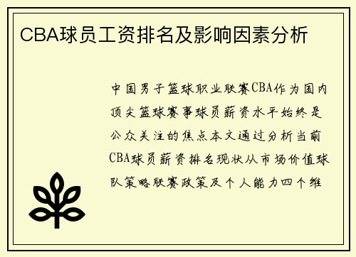 CBA球员工资排名及影响因素分析